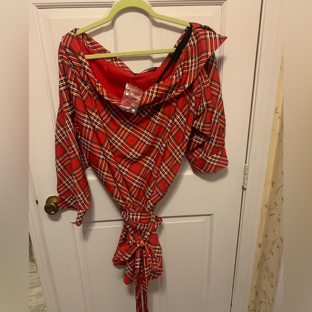 Eshakti Red Plaid off shoulder Peplum top-5x
